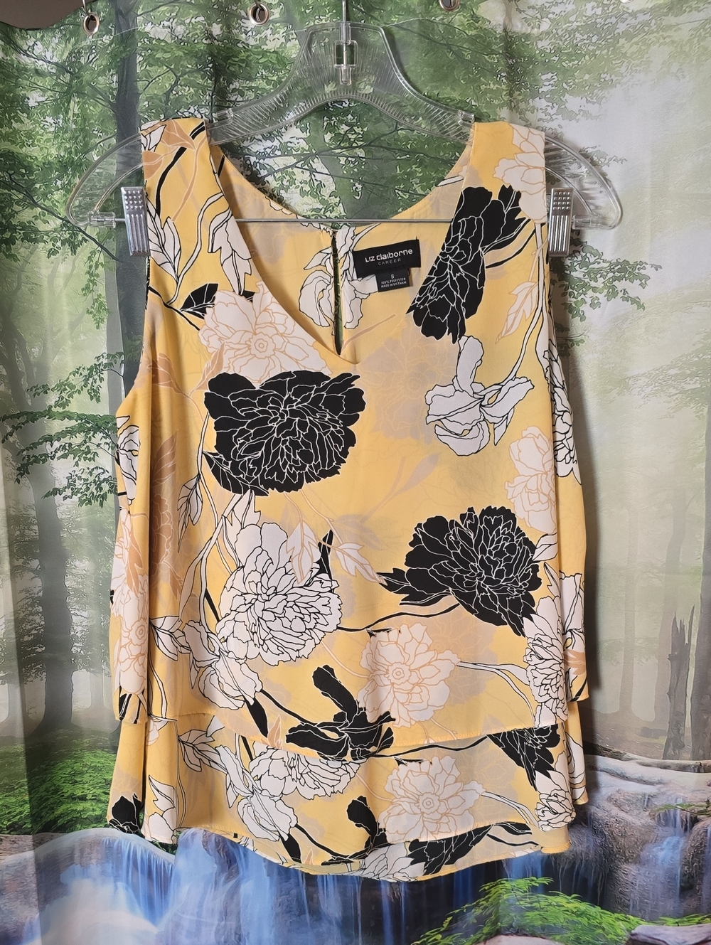 Liz Claiborne Yellow Floral V-Neck Layered Sleeveless Blouse